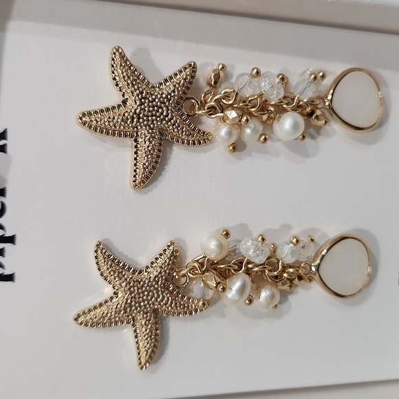 🔹 Piper k🔹Gold Starfish Freshwater Pearl Cluster Glass Stone Dangle Earrings ✨ - Picture 5 of 10